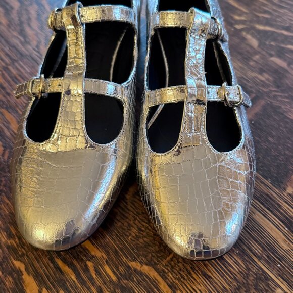 NWOT J. Crew Teagan T-strap Heels in Metallic Croc-Embossed Leather 7.5M - Picture 7 of 7